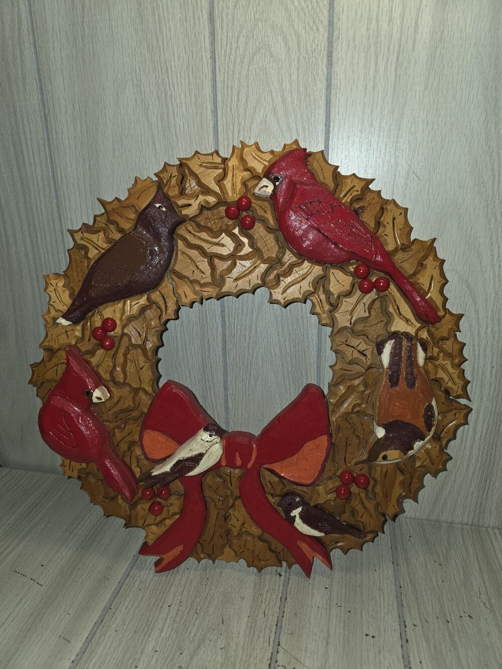 Vtg 2004 Handmade Wood Christmas Wreath Cardinals Birds Holiday Farmhouse 15"0